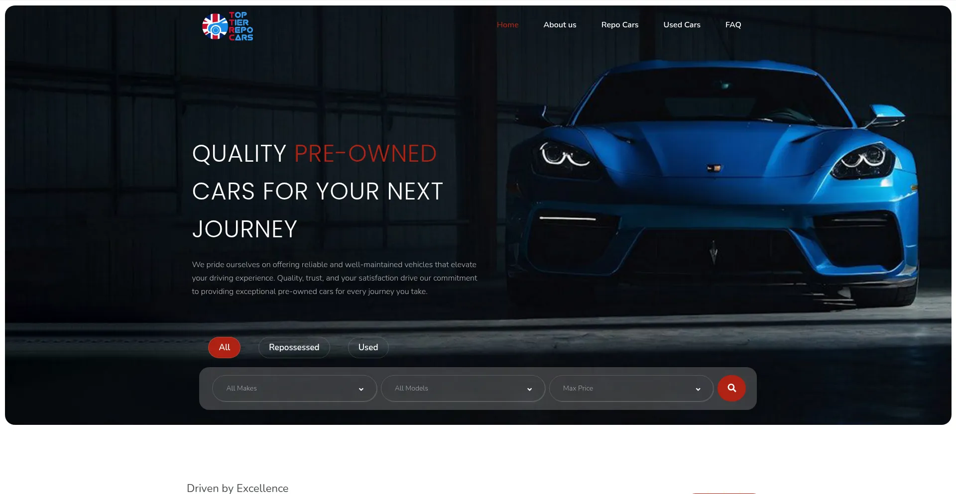 Website screenshot of Top-tier-repo-cars.com