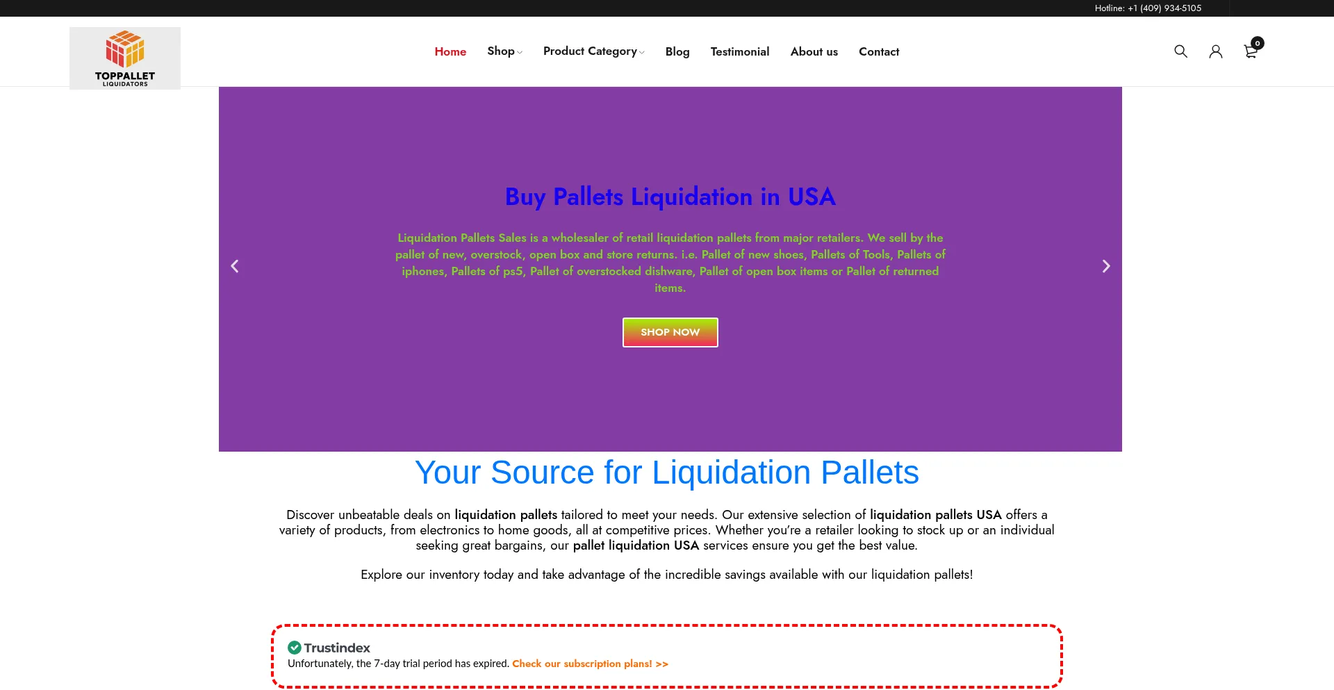 Website screenshot of Toppalletliquidators.com