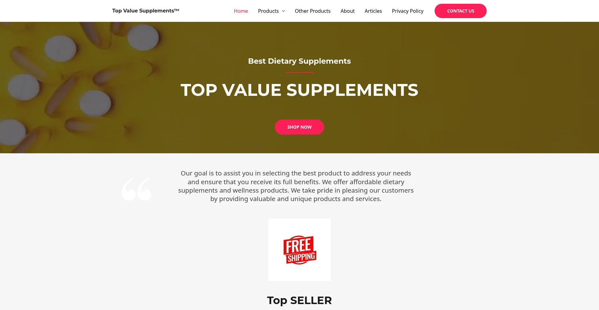 Website screenshot of Topvaluesupplements.com