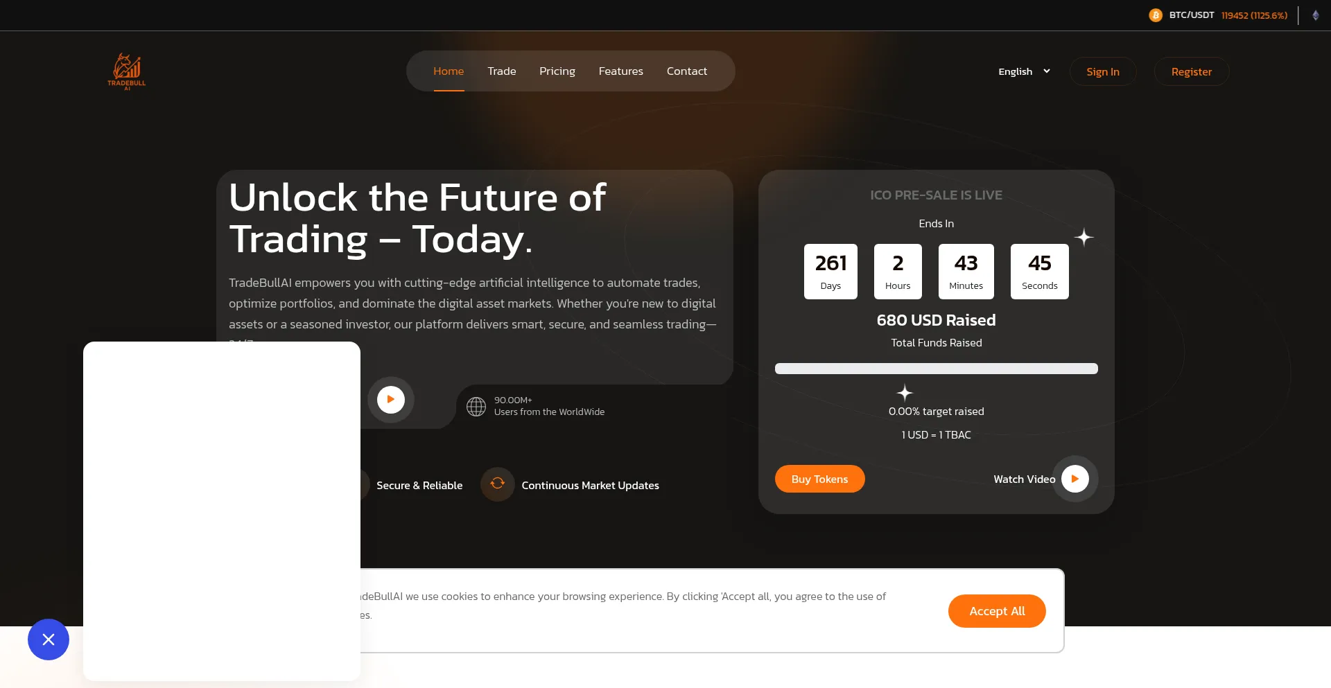 Website screenshot of Tradebullai.com
