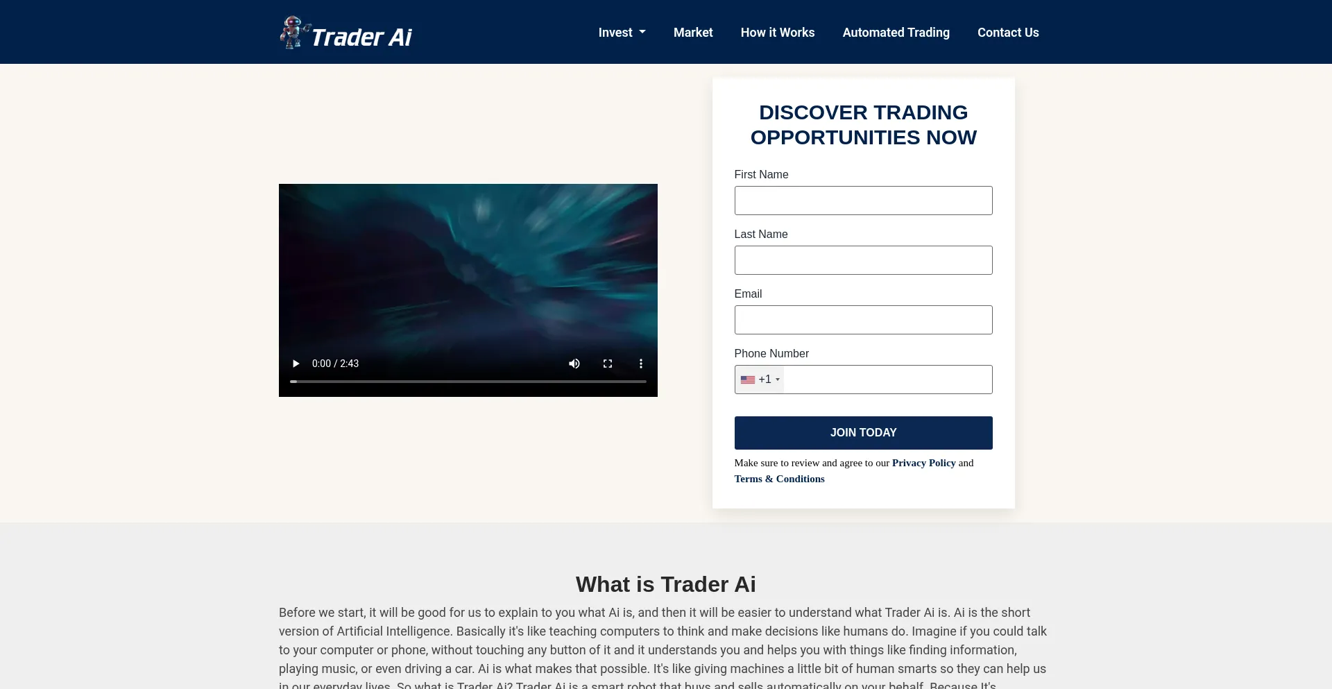 Website screenshot of Trader-ai.ai