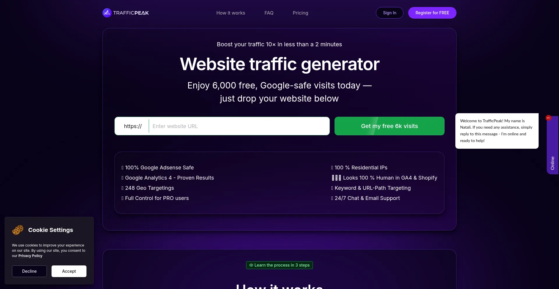 Website screenshot of Trafficpeak.io