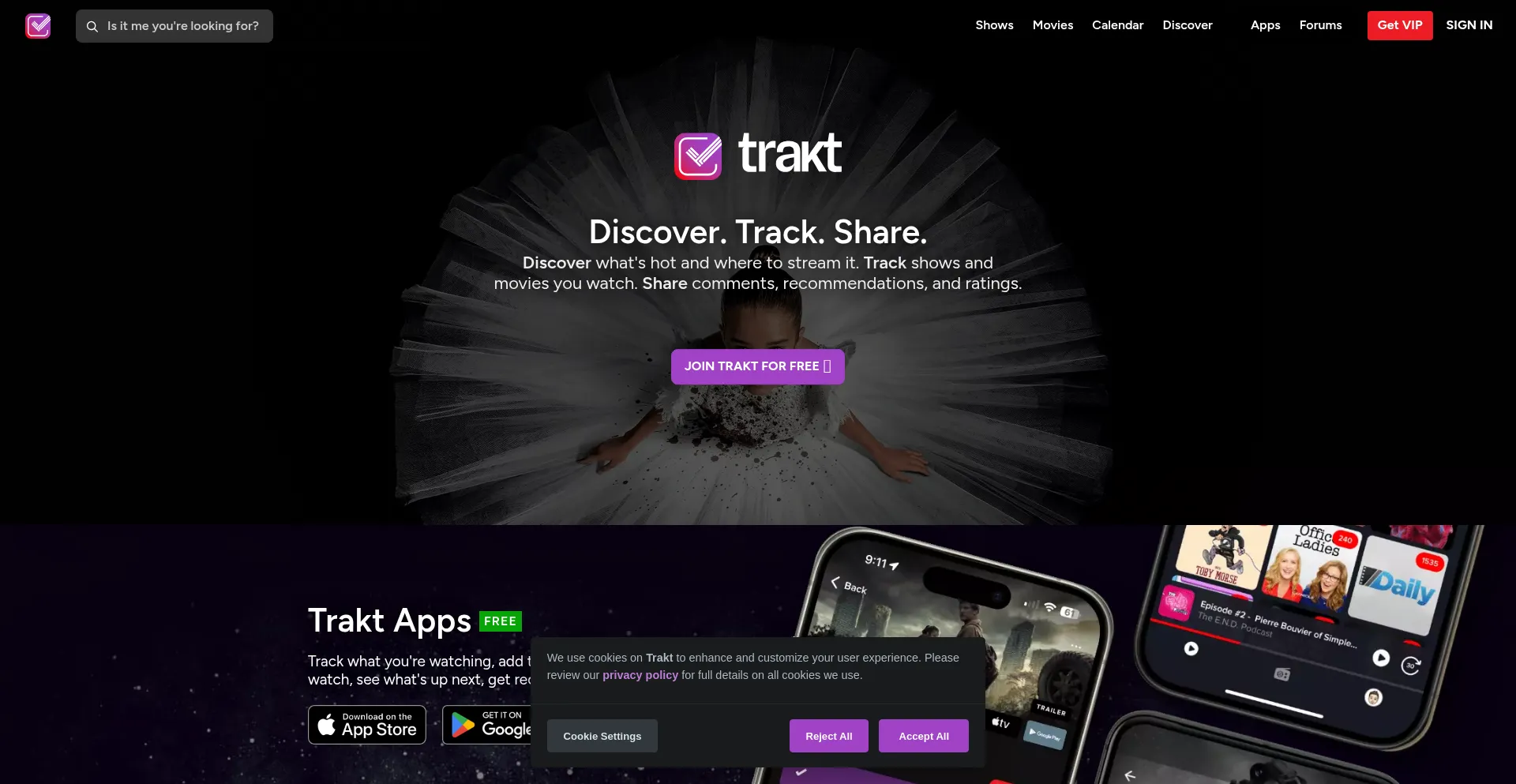 Website screenshot of Trakt.tv