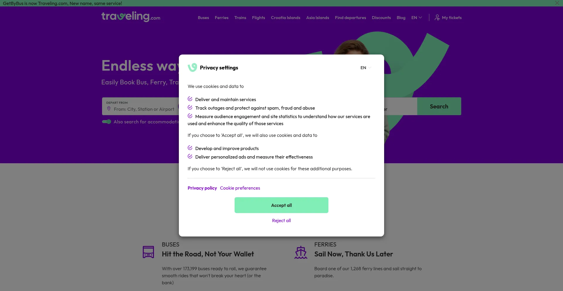 Website screenshot of Traveling.com