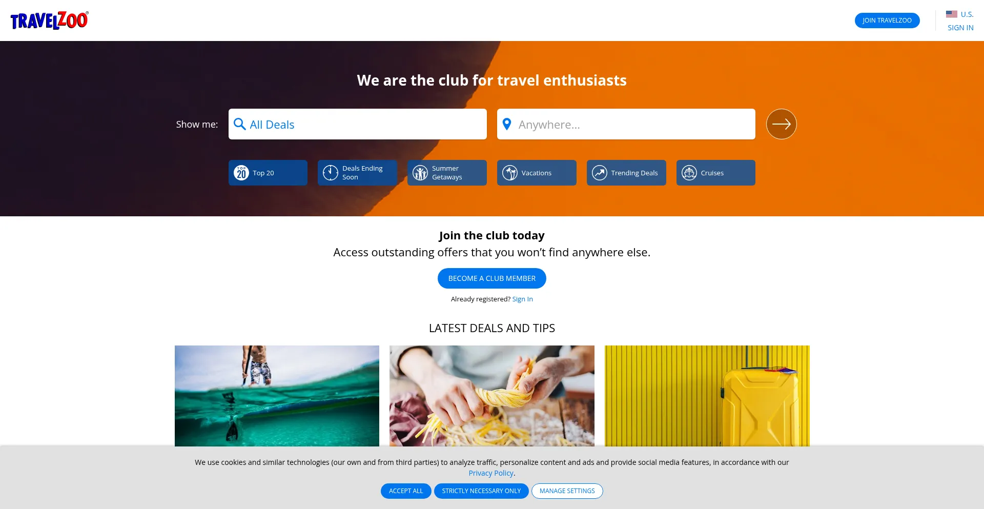 Website screenshot of Travelzoo.com