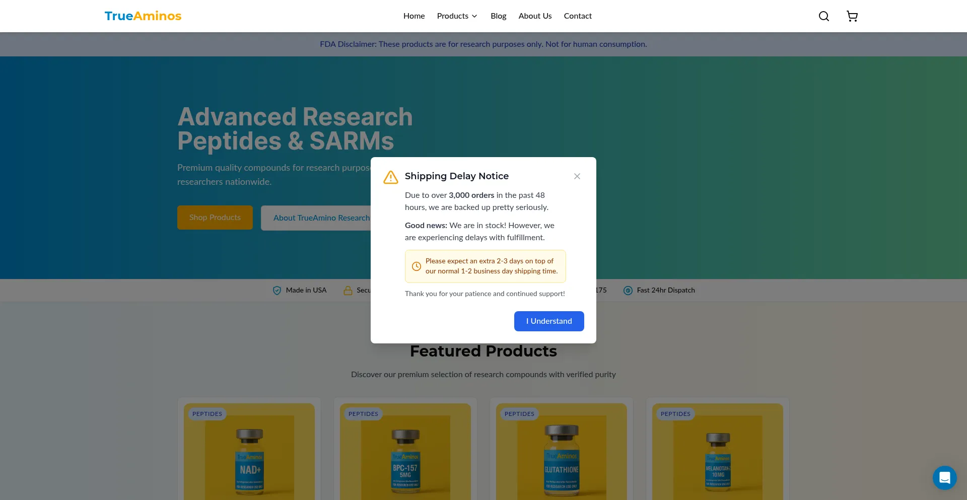 Website screenshot of Trueaminos.com