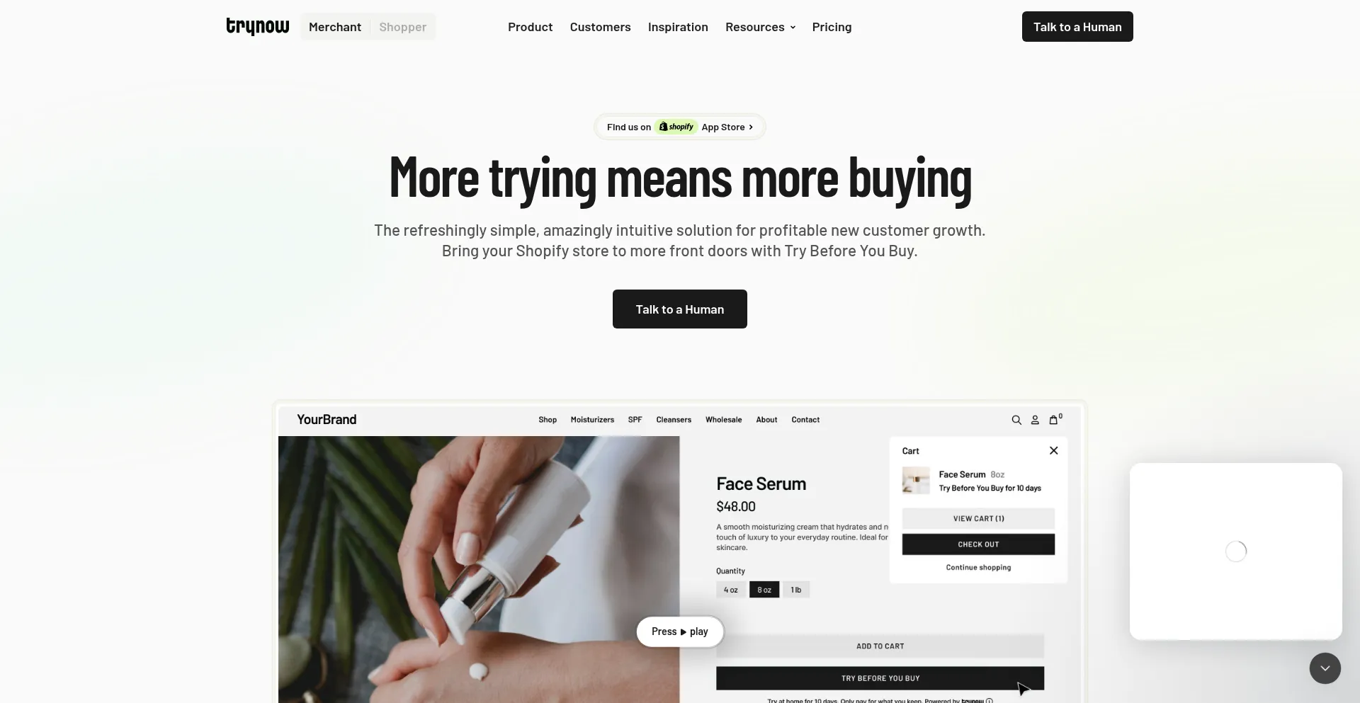 Website screenshot of Trynow.io