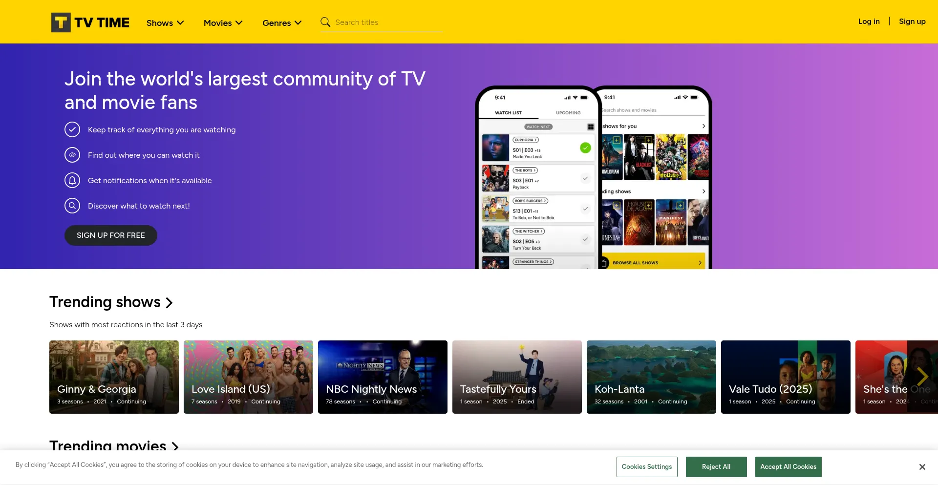 Website screenshot of Tvtime.com