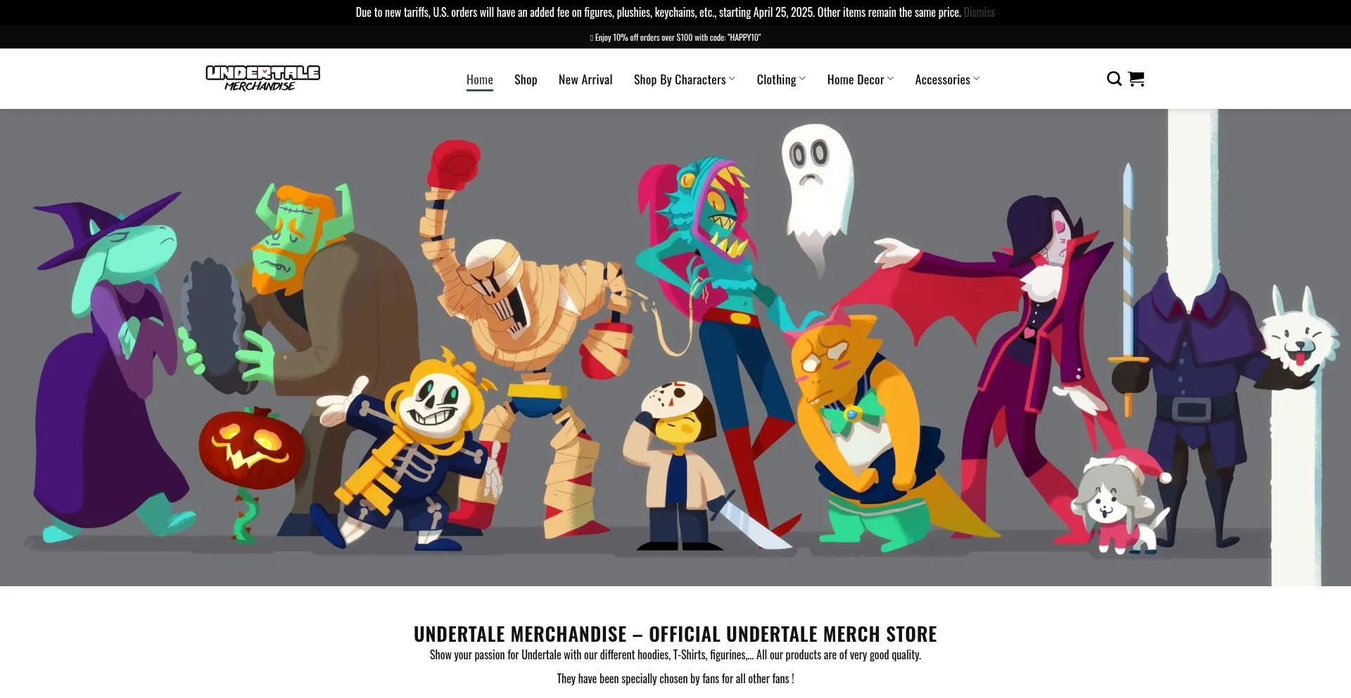 Website screenshot of Undertalemerchandise.com