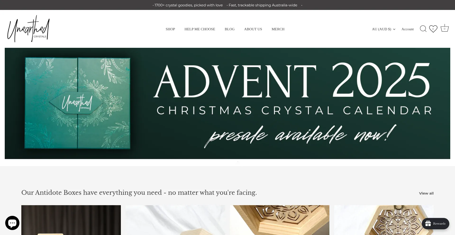 Website screenshot of Unearthedcrystals.com.au