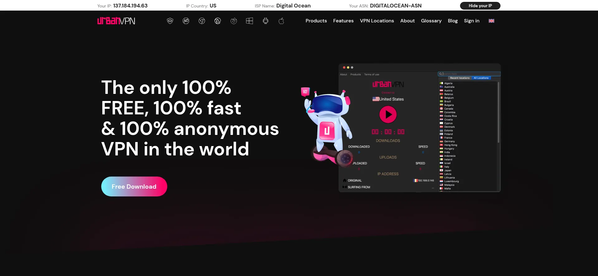 Website screenshot of Urban-vpn.com