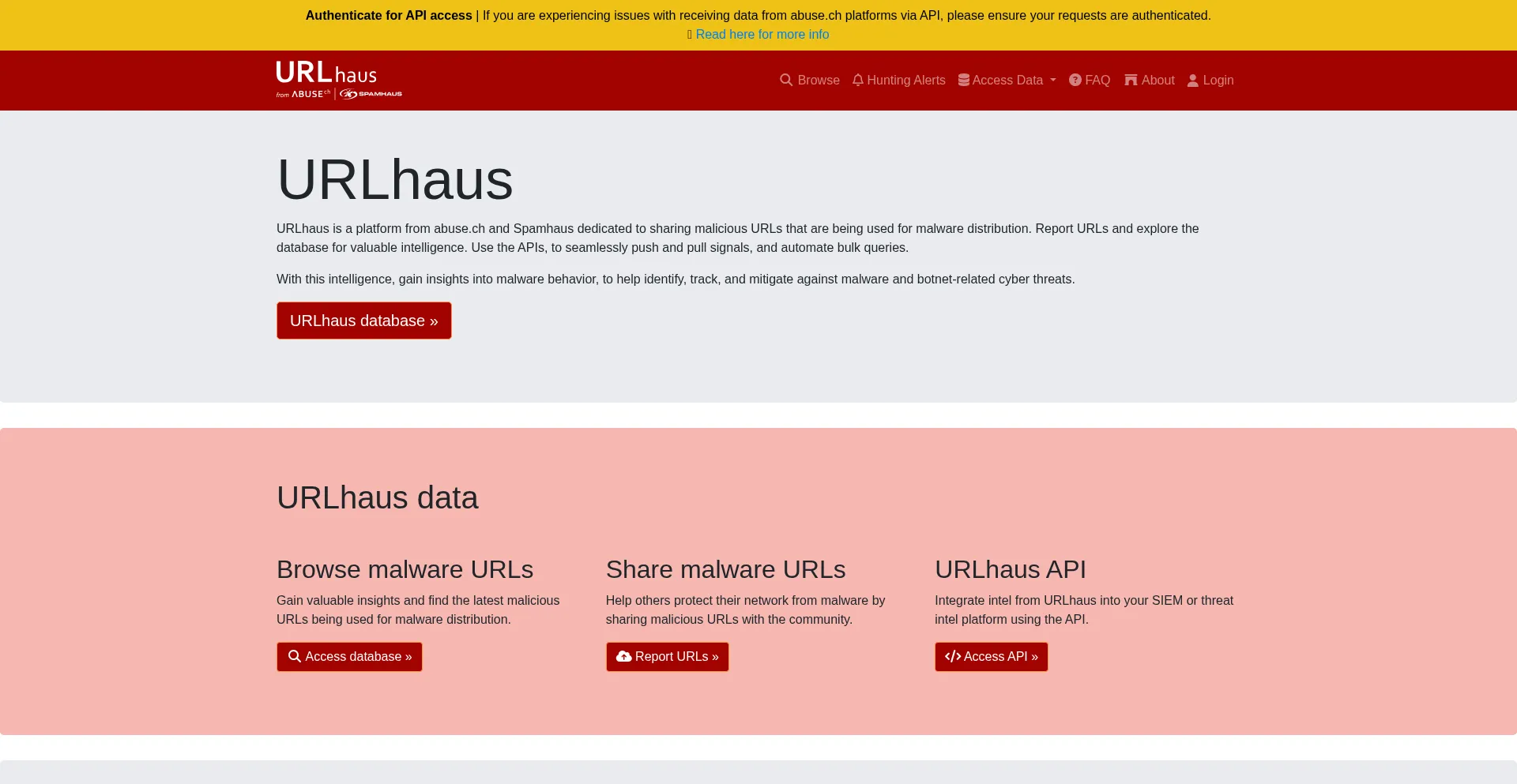 Website screenshot of Urlhaus.abuse.ch