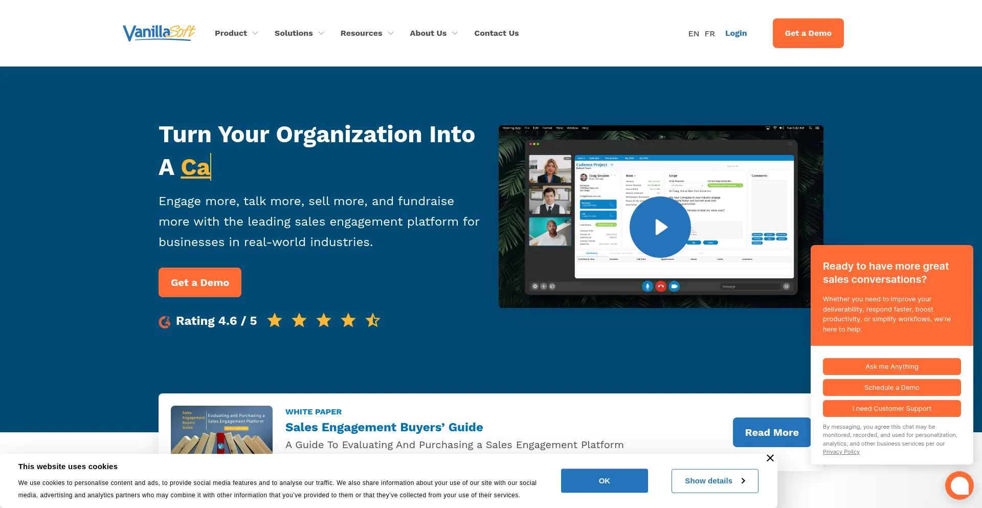 Website screenshot of Vanillasoft.com