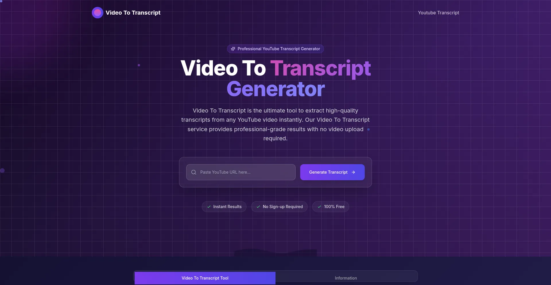 Website screenshot of Videototranscript.com