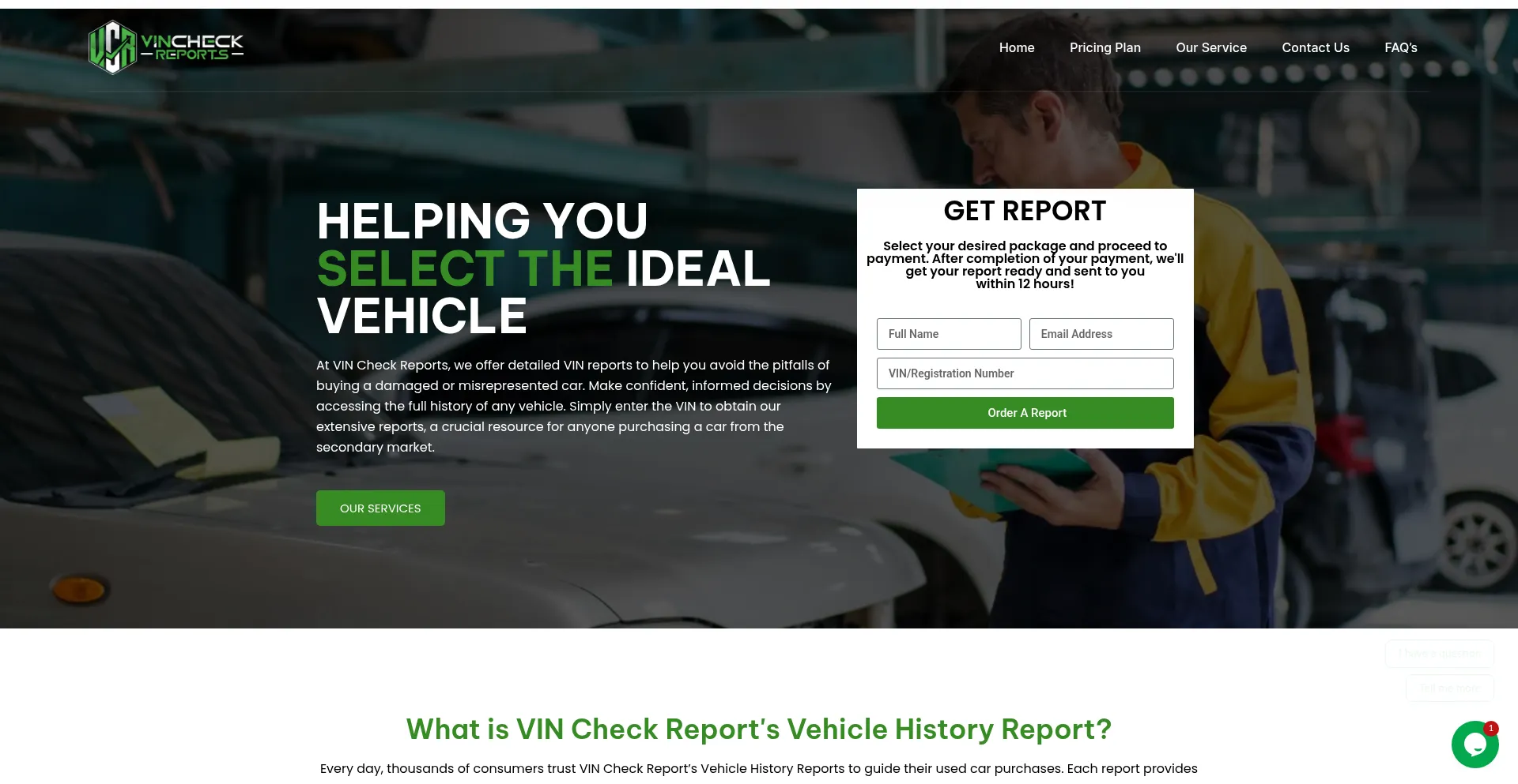 Website screenshot of Vincheckreports.com