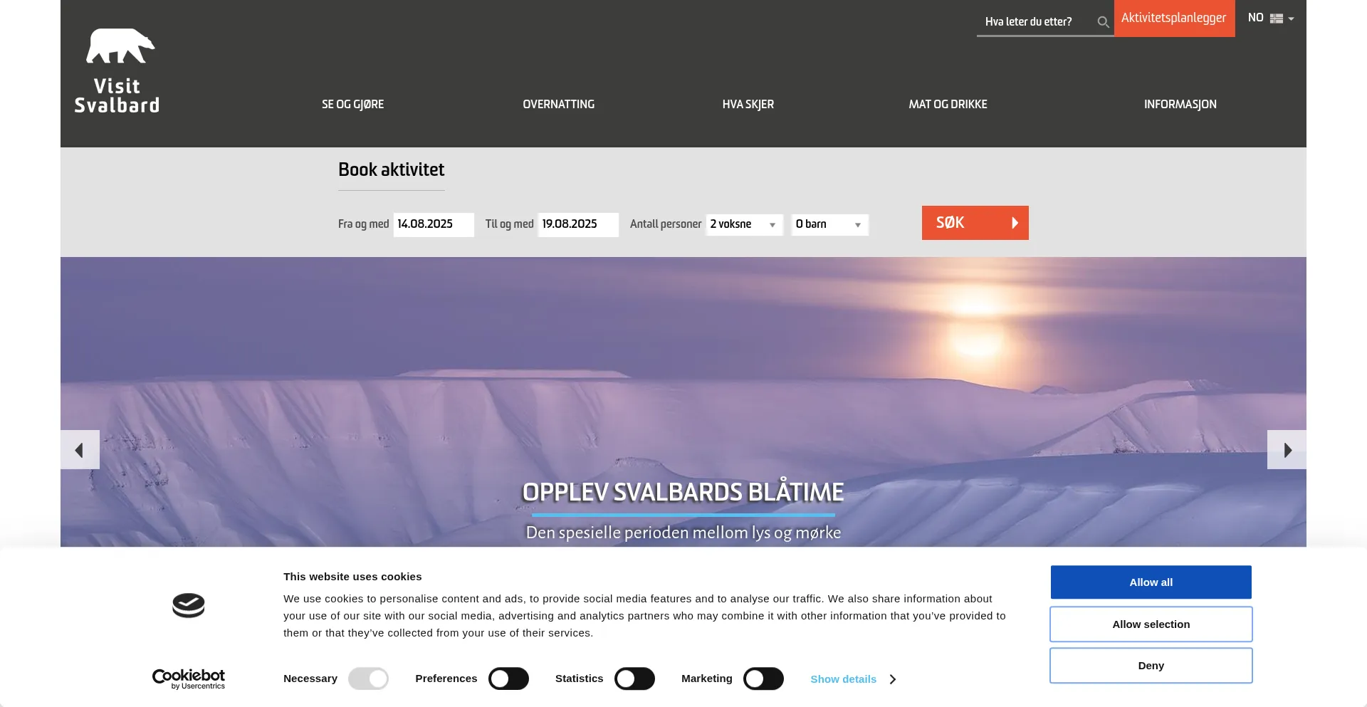 Website screenshot of Visitsvalbard.com