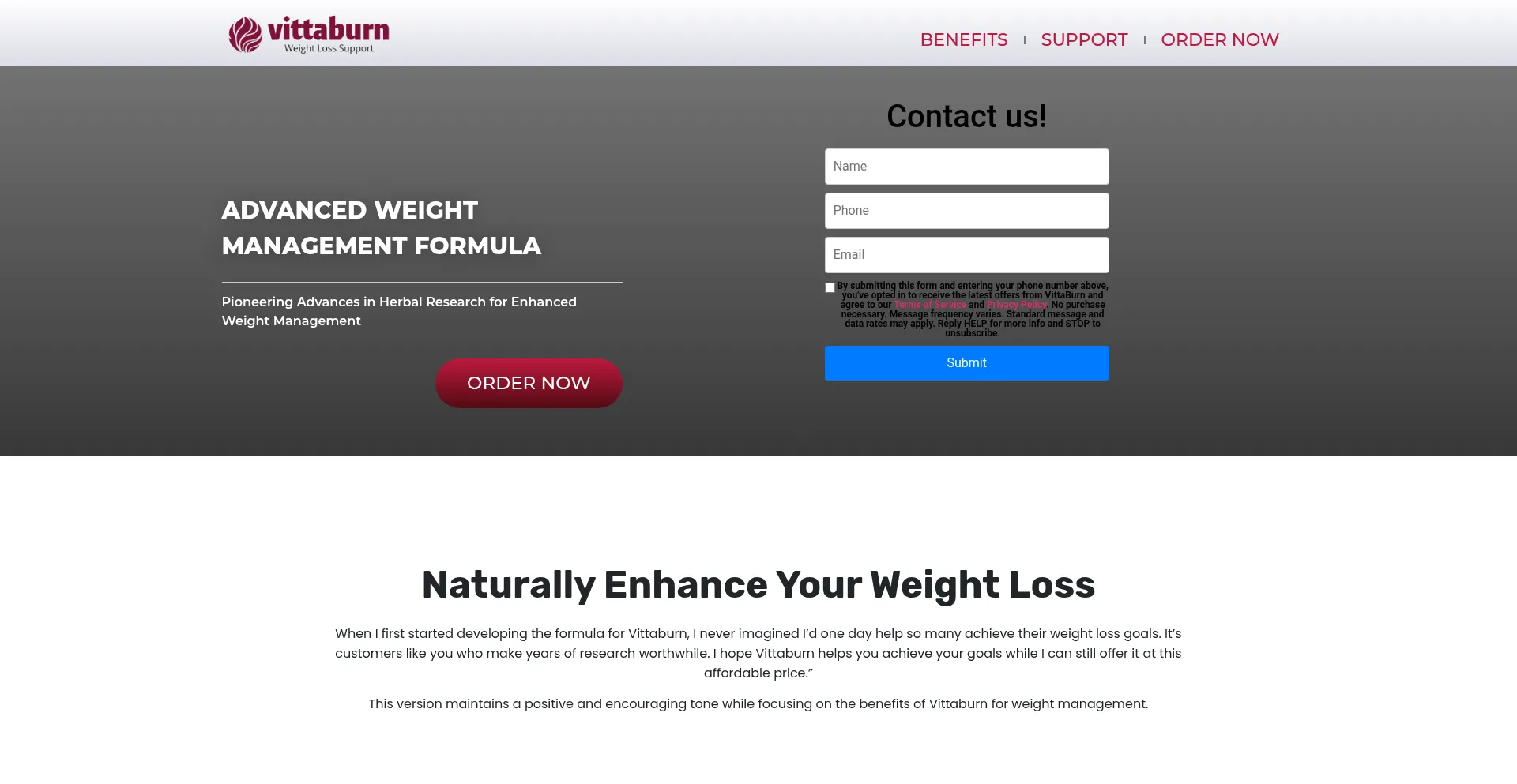 Website screenshot of Vittaburn.com