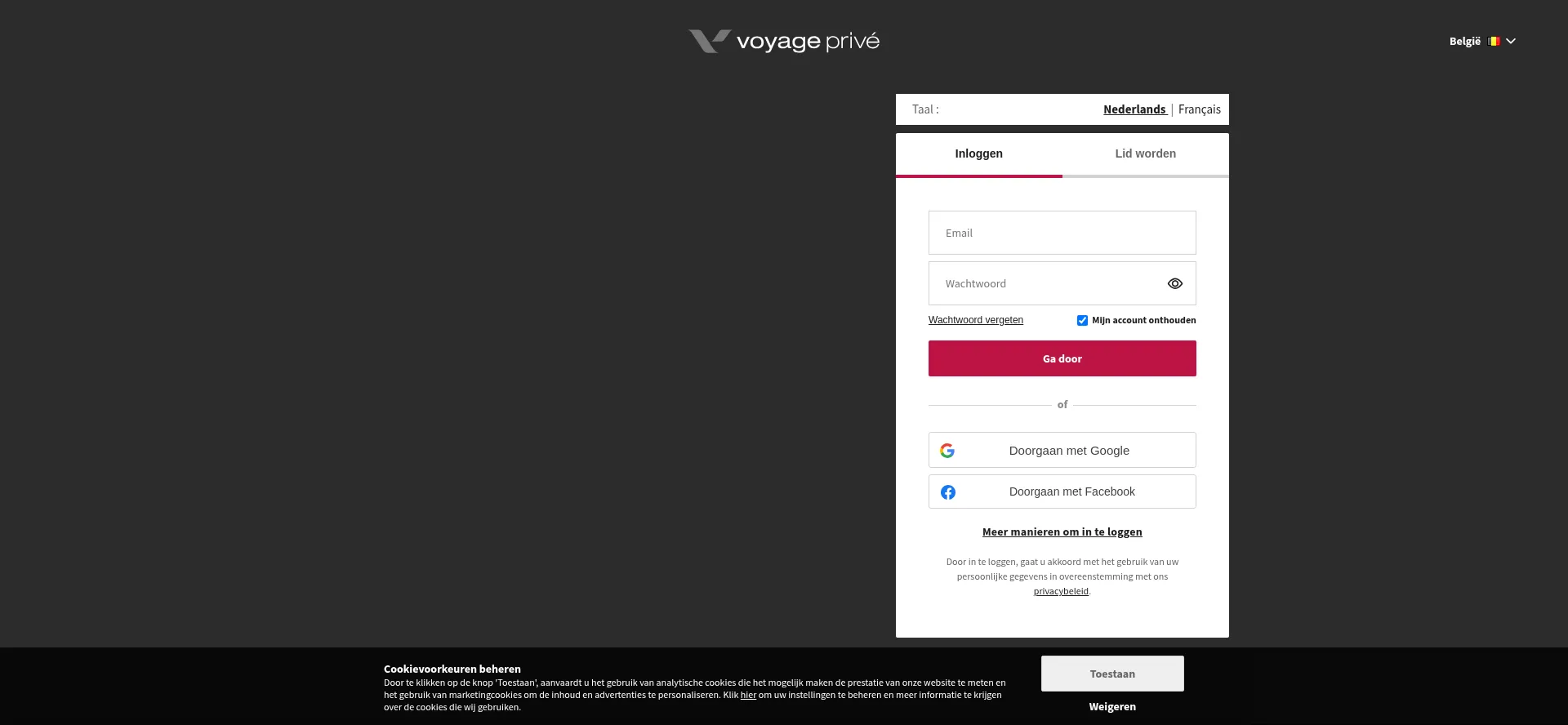 Website screenshot of Voyage-prive.be
