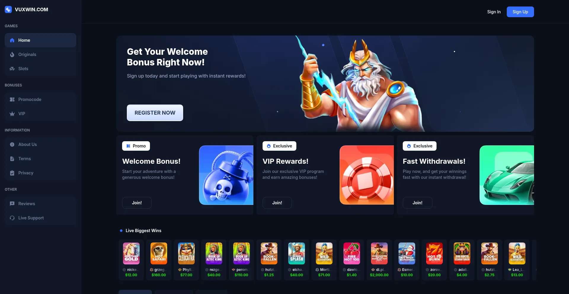 Website screenshot of Vuxwin.com