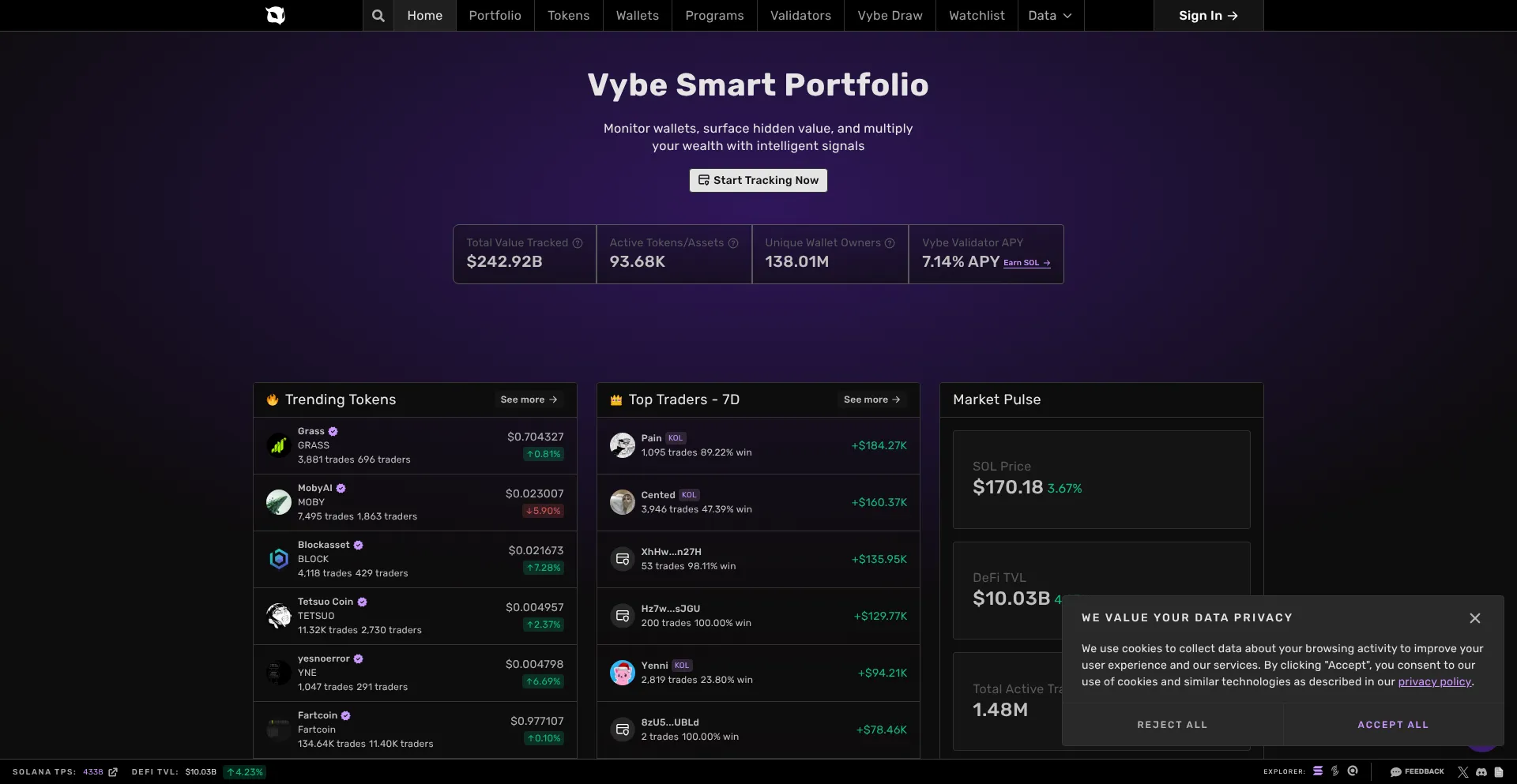Website screenshot of Vybe.fyi
