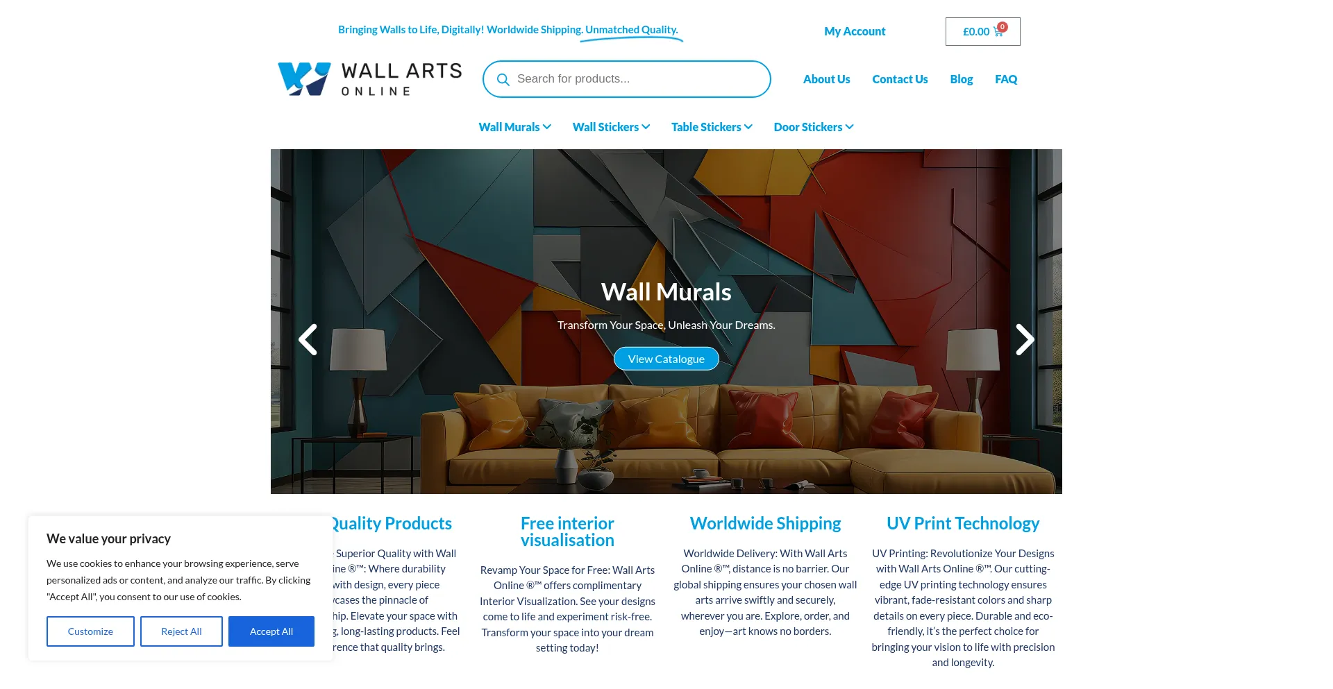 Website screenshot of Wallartsonline.com