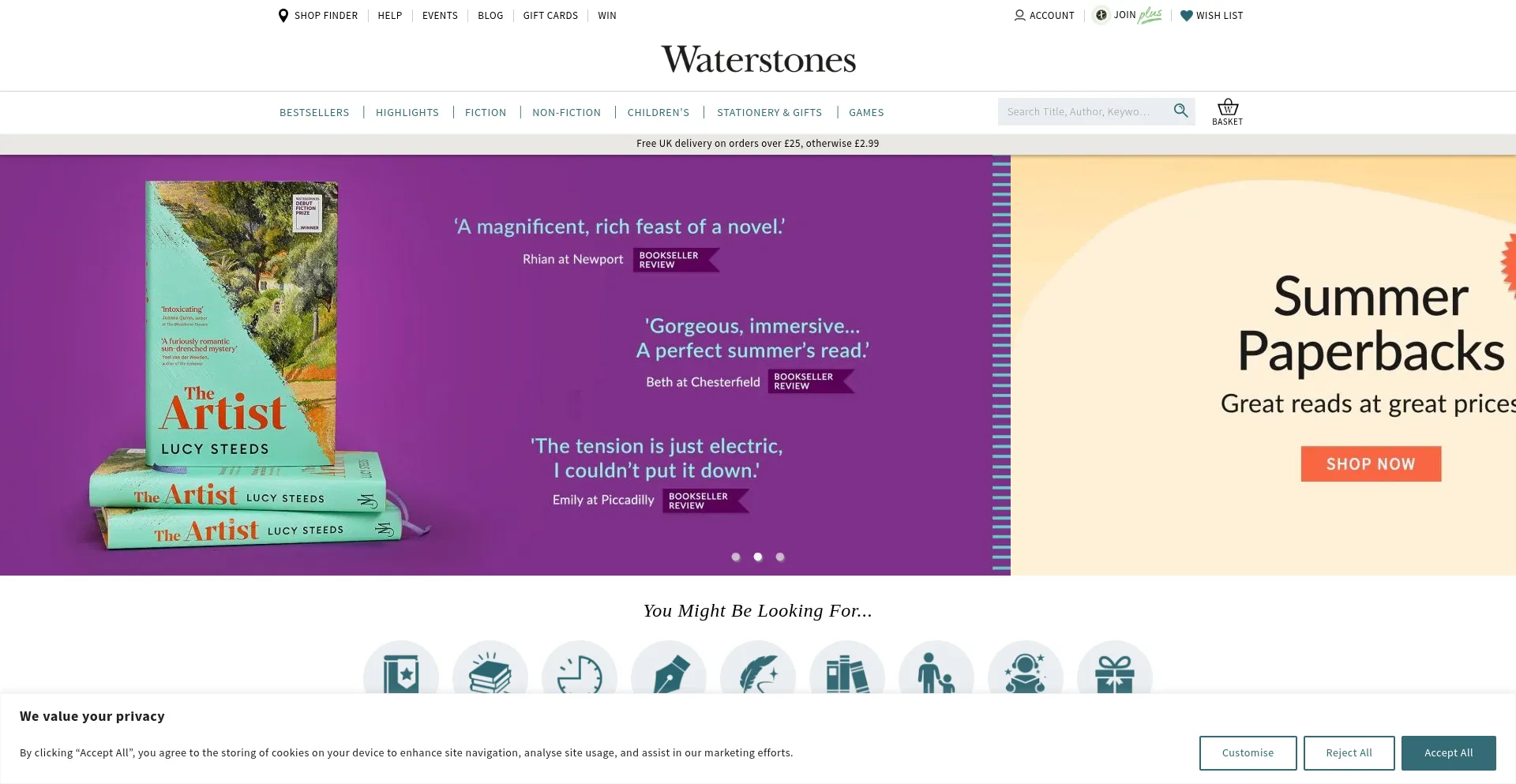 Website screenshot of Waterstones.co.uk
