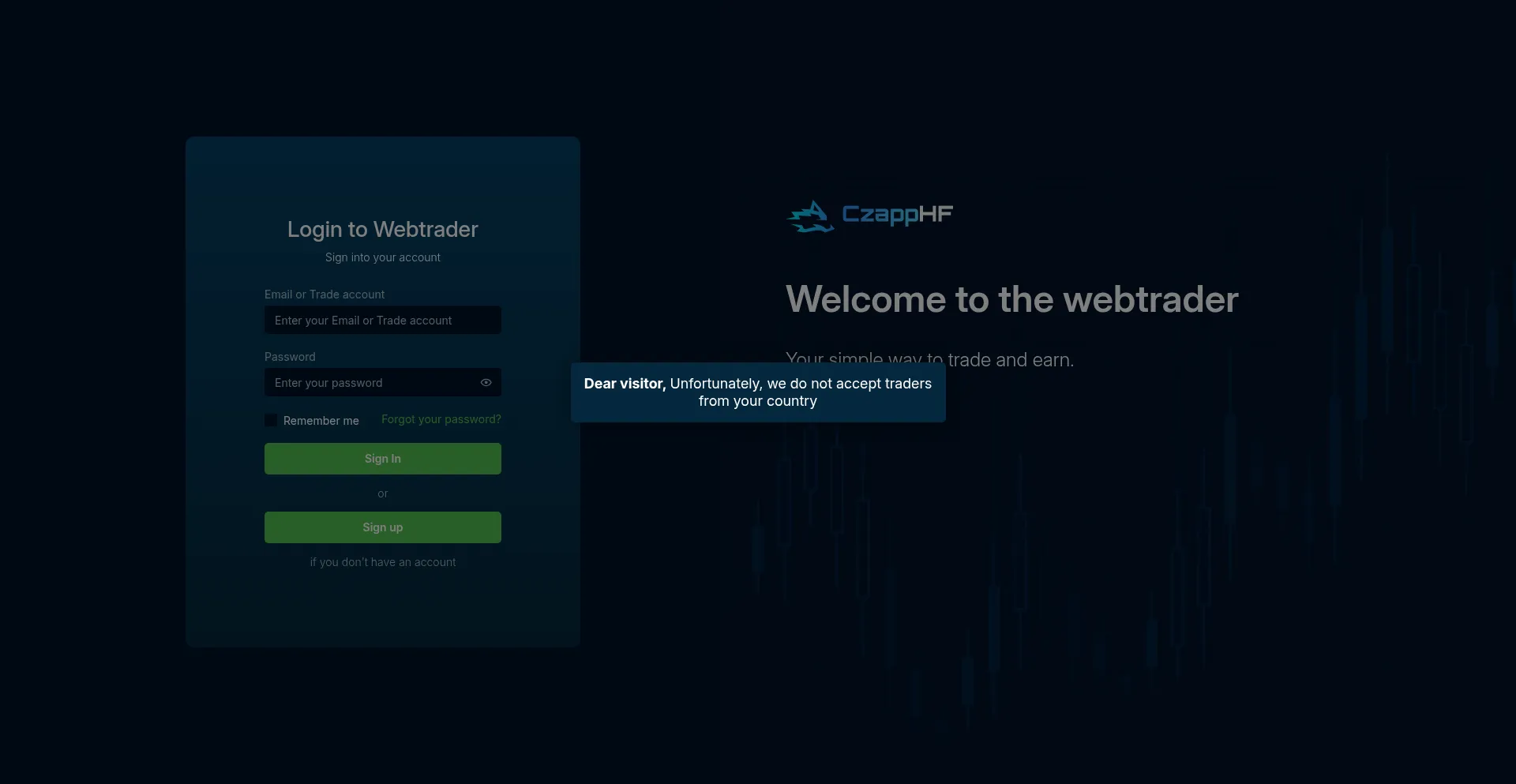 Website screenshot of Webtrader.czapphf.com