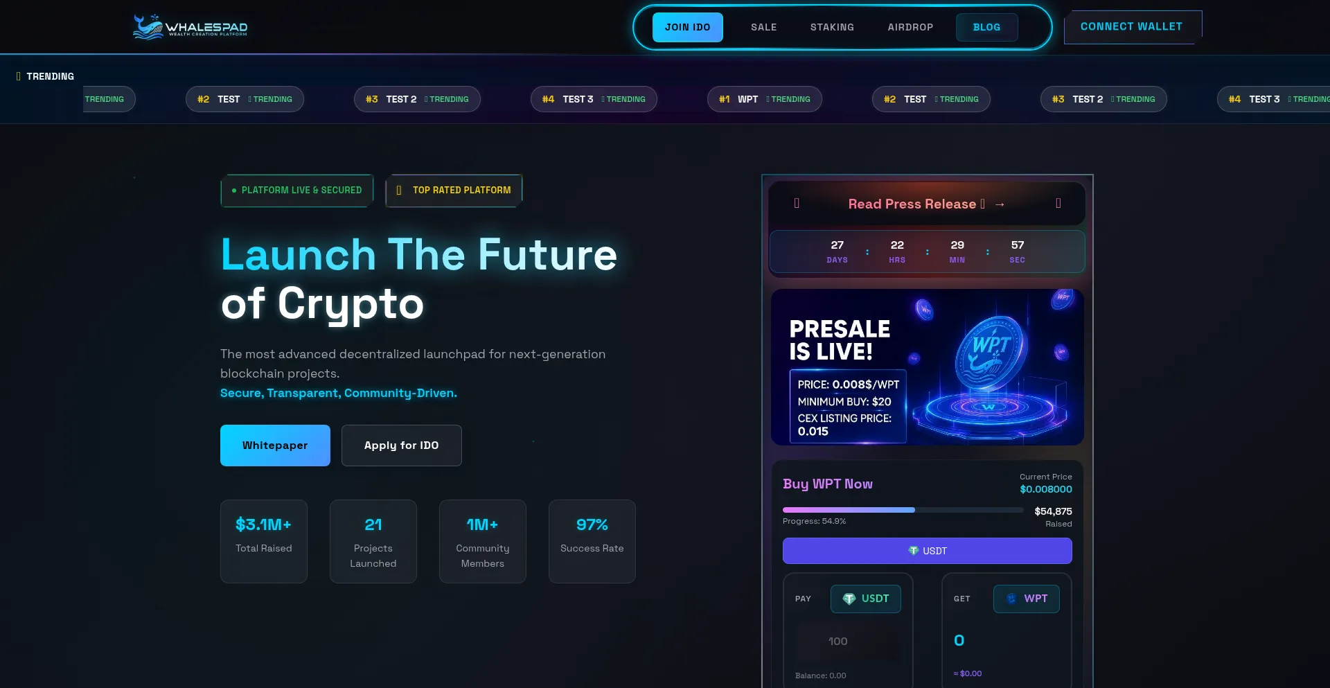 Website screenshot of Whalespad.com