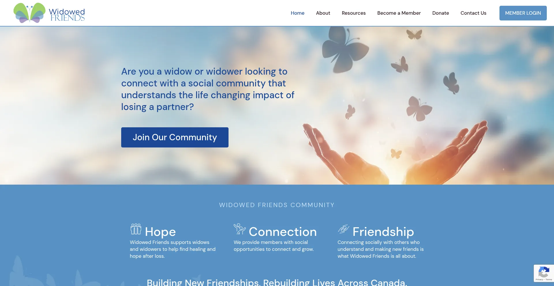 Website screenshot of Widowedfriends.ca