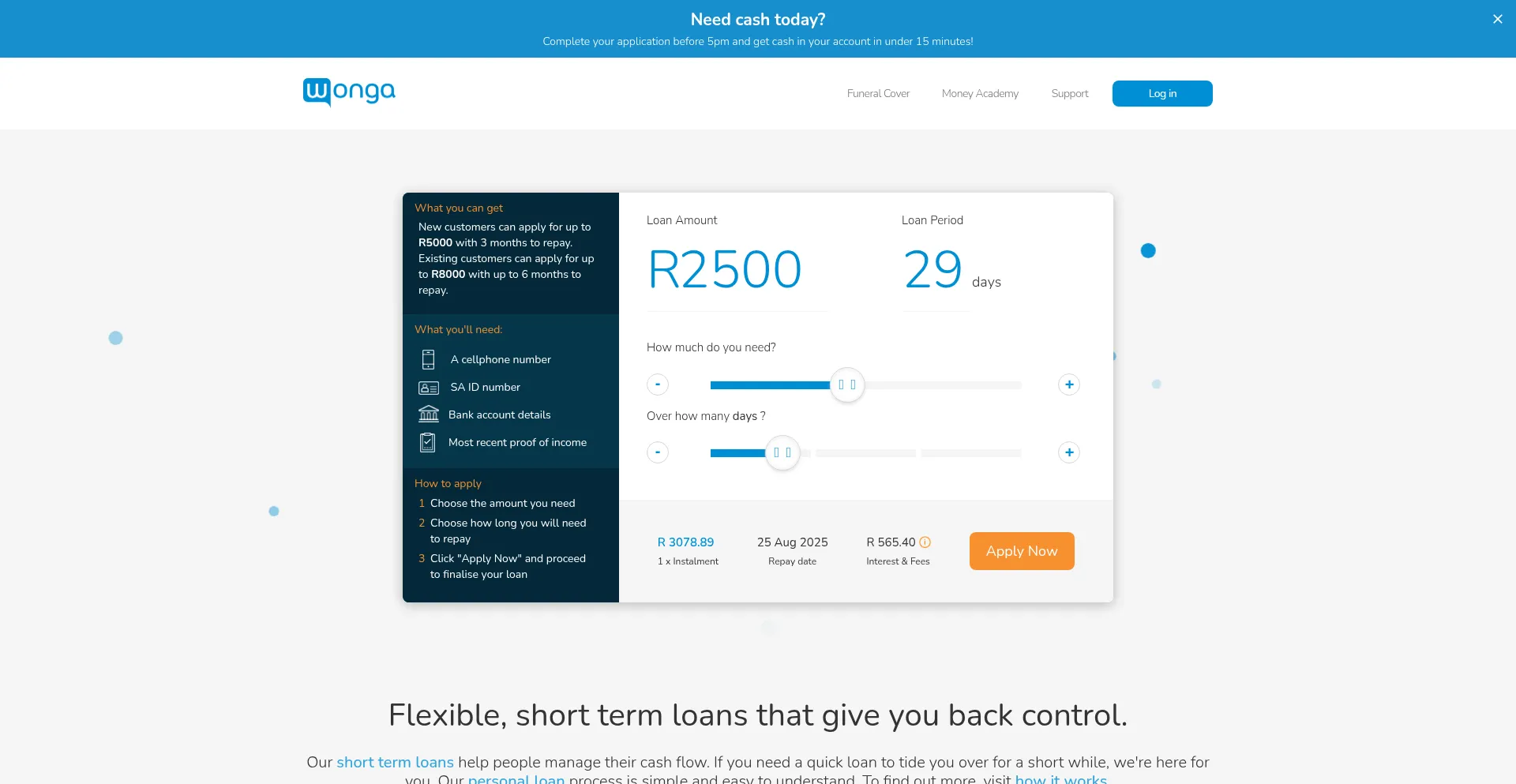 Website screenshot of Wonga.co.za