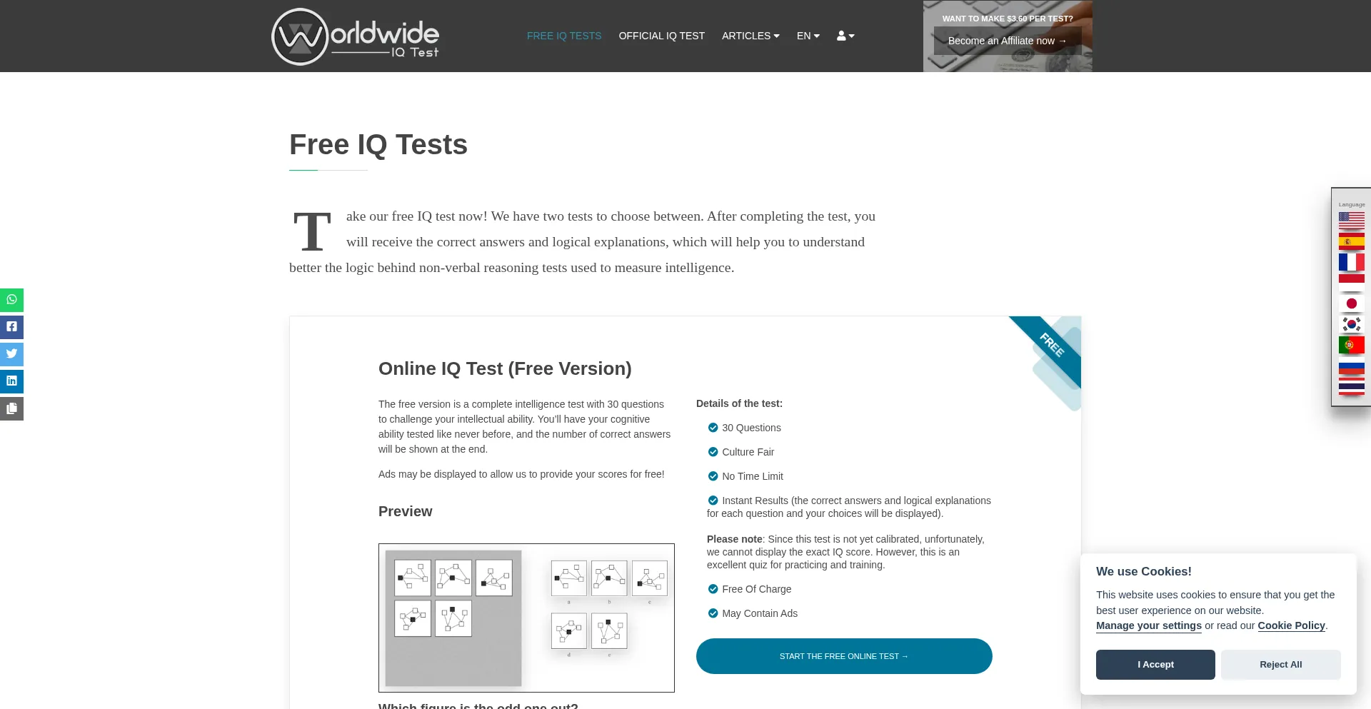 Website screenshot of Worldwide-iq-test.com