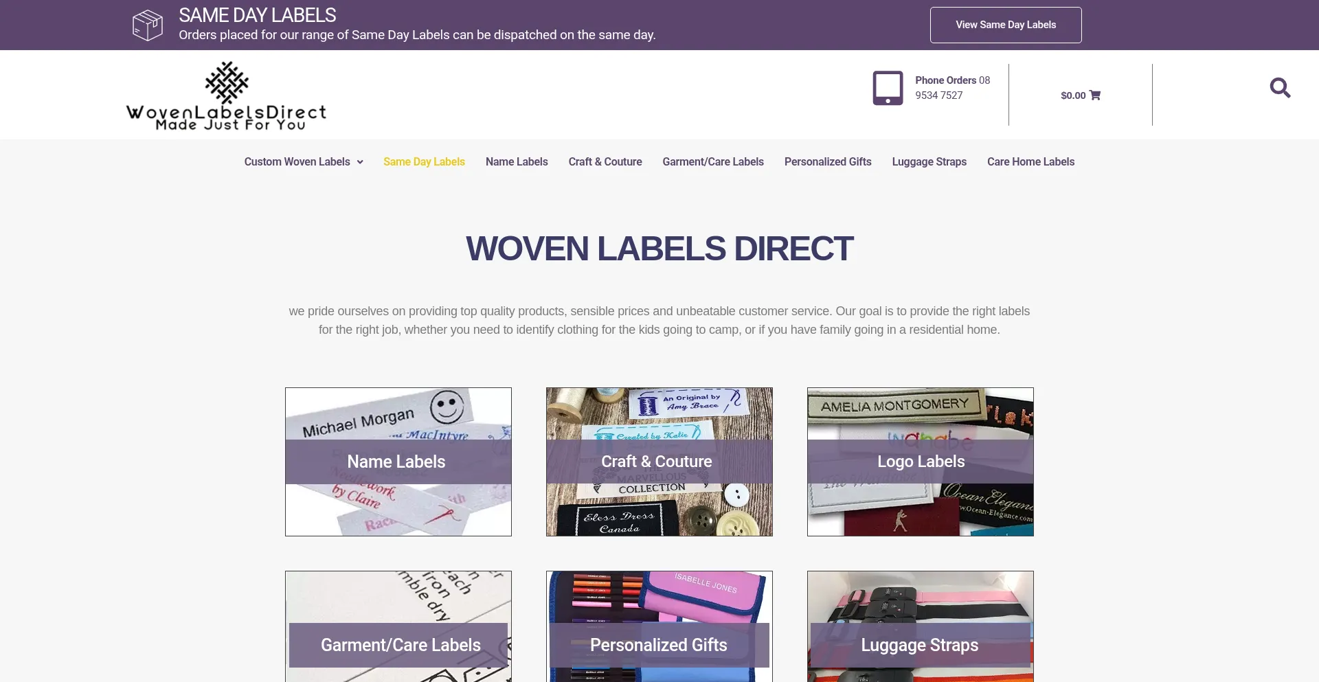 Website screenshot of Wovenlabelsdirect.com.au