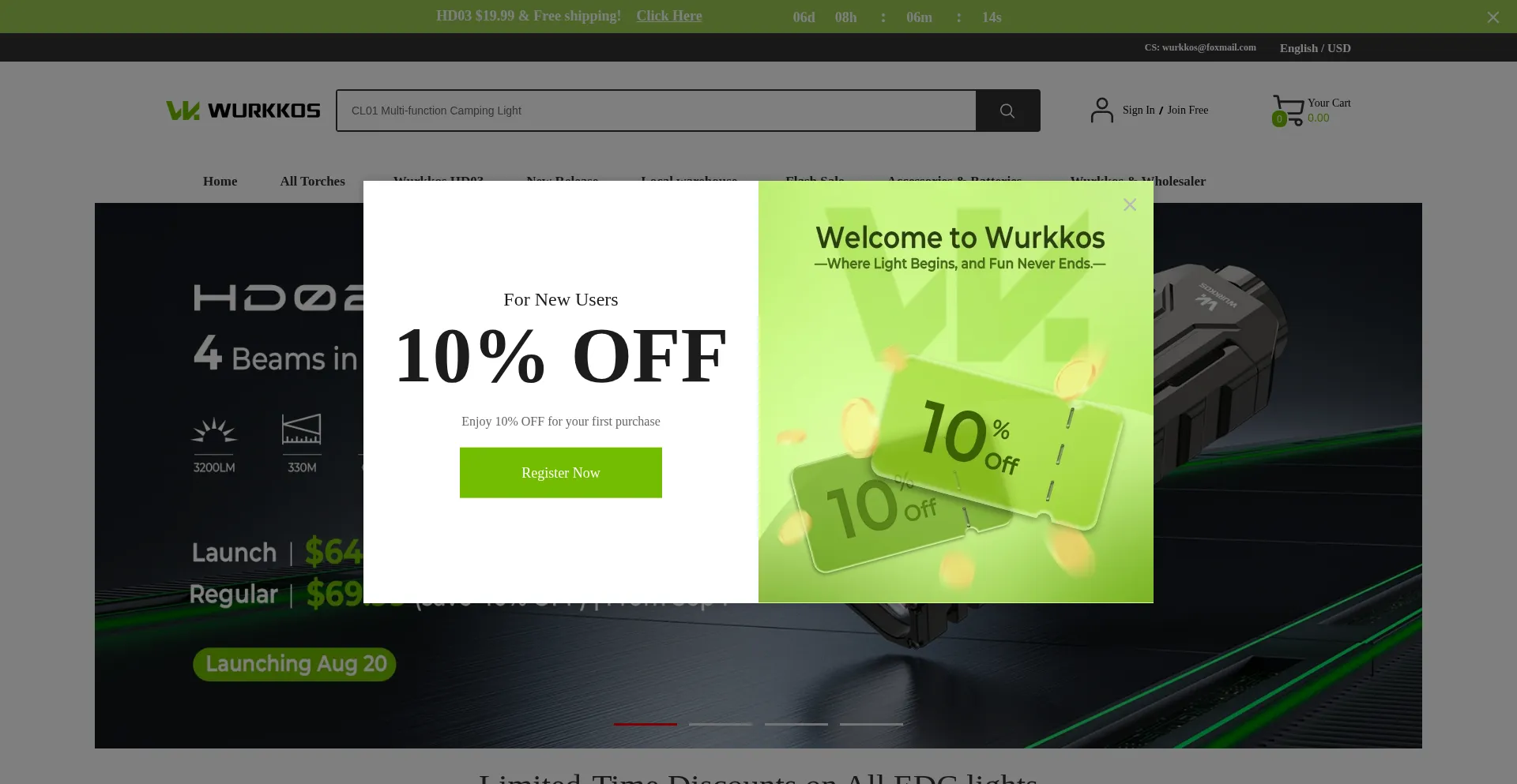 Website screenshot of Wurkkos.com