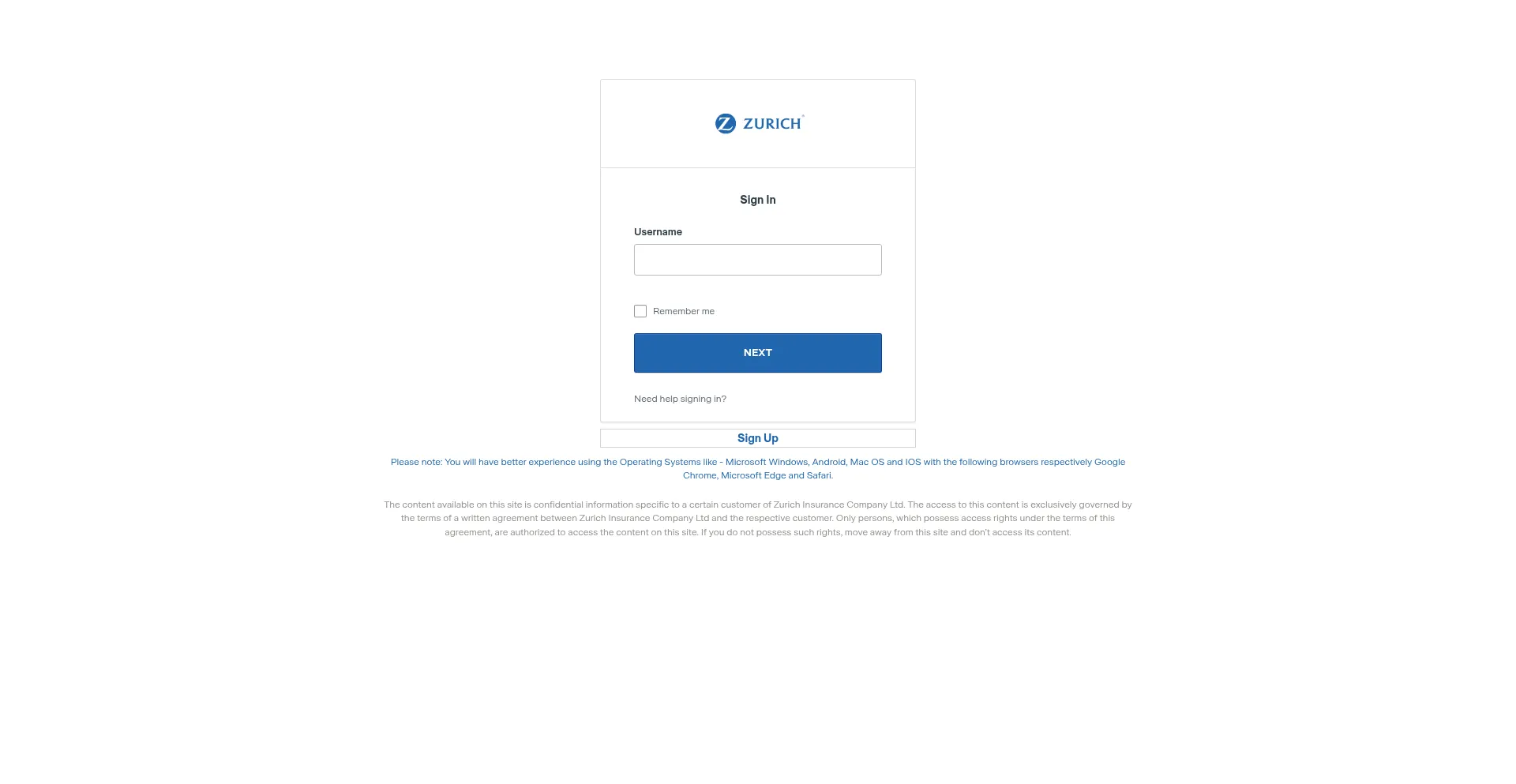 Website screenshot of Www2.myzurich.com