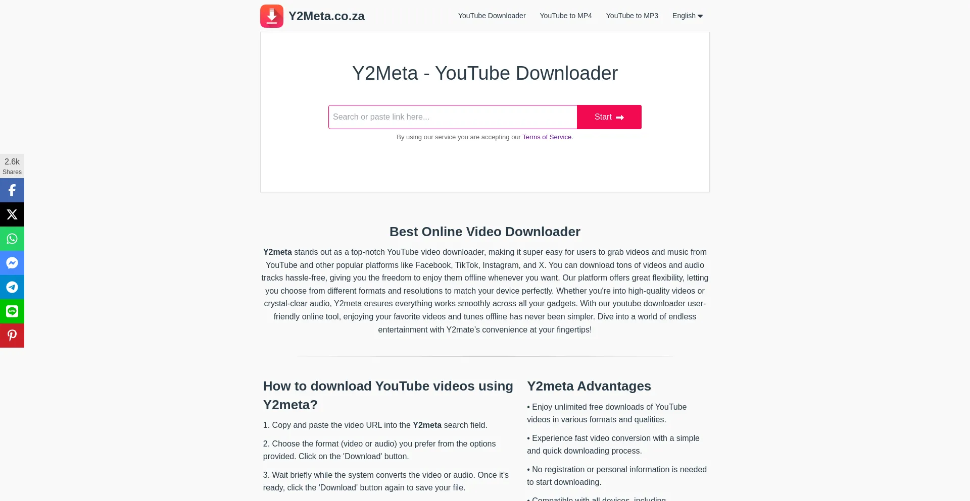 Website screenshot of Y2meta.co.za