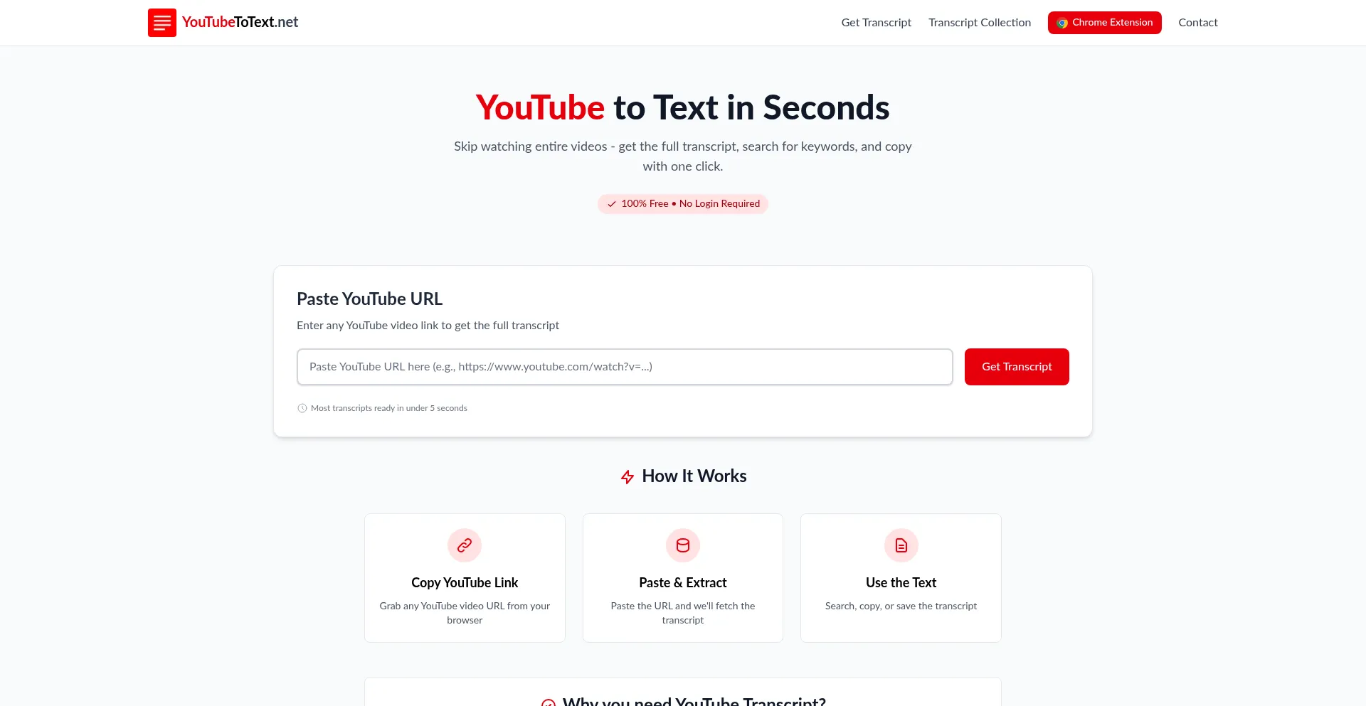 Website screenshot of Youtubetotext.net