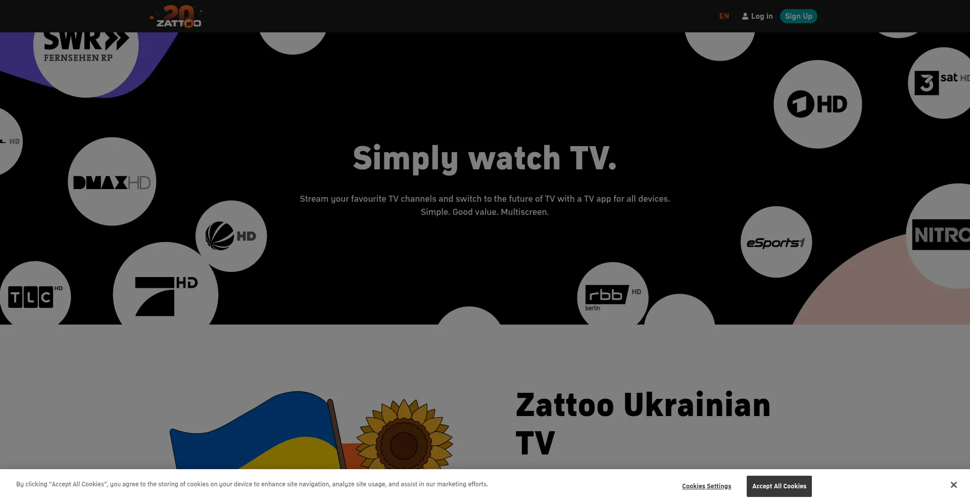 Website screenshot of Zattoo.com
