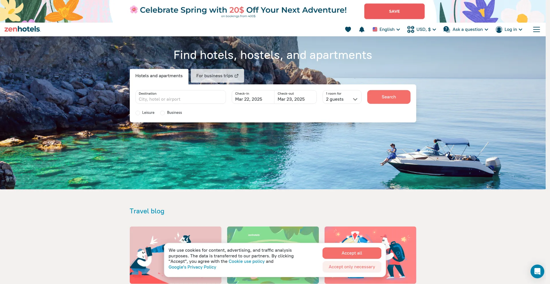 Website screenshot of Zenhotels.com