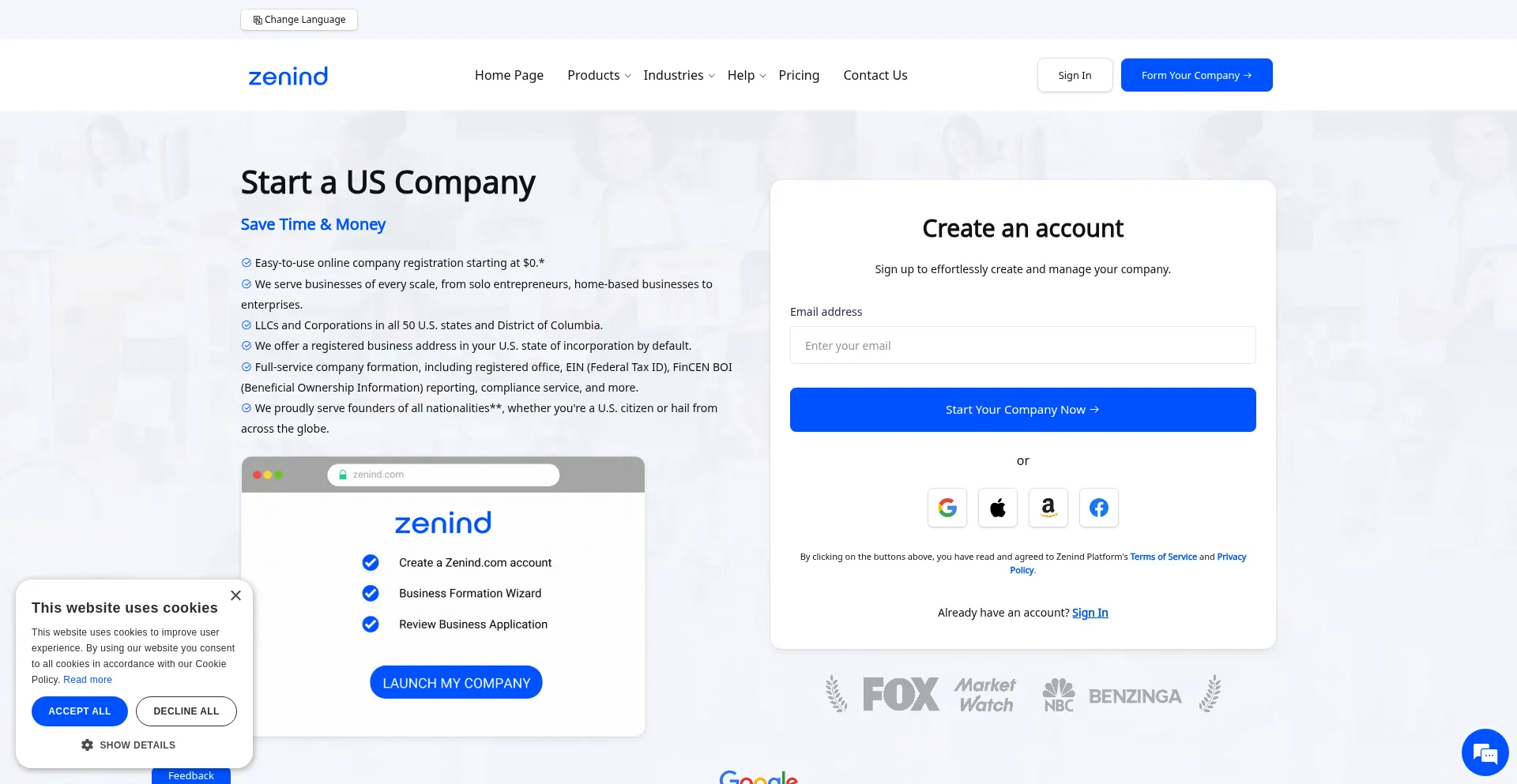 Website screenshot of Zenind.com